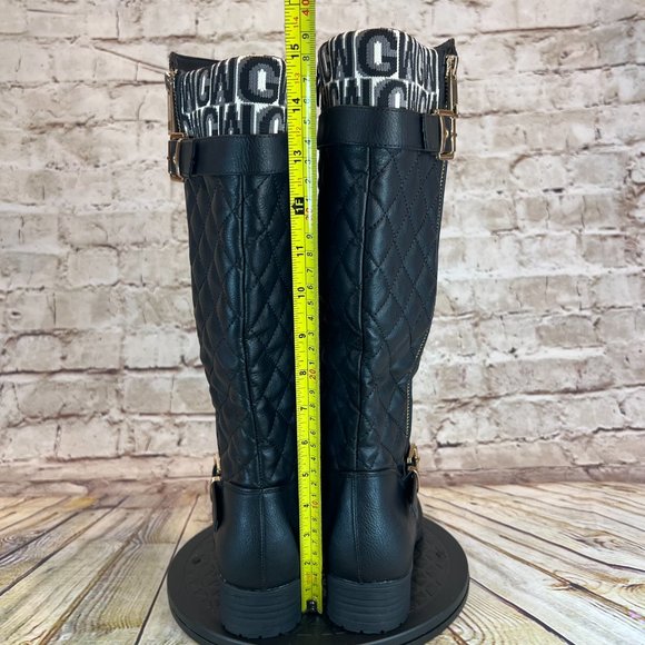 Global Win Quilted Black Buckle Side Zip Harness Block Heel Riding Boots 7.5 - Picture 3 of 8